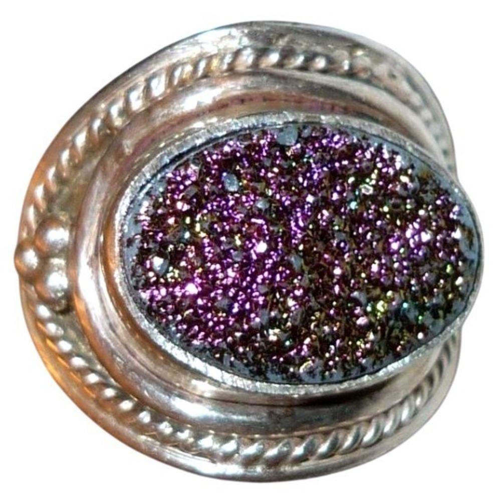 Vintage Rainbow Pyrite Druzy Sterling Silver Statement Poison Box Ring Size 6